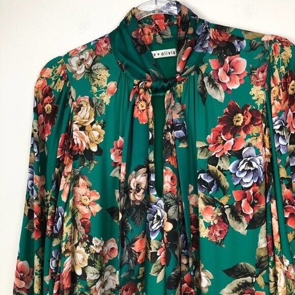 Alice + Olivia Merrilee Floral Tie V Neck Long Sleeve Mini Dress Green R… - Picture 6 of 11